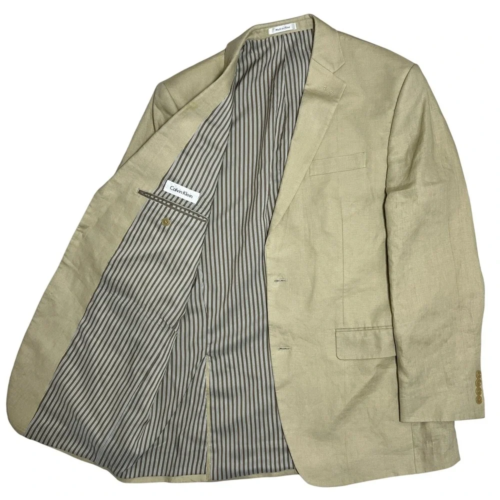 Calvin Klein Mens Linen‎ Beige Blazer Jacket 40L Two Button Striped Lined